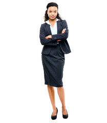 Corporate worker, portrait or arms crossed on isolated white background and ideas, vision goals or success mindset. Confident, business or woman in fashion suit with financial growth target on mockup