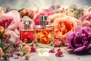 Perfumery, luxury floral fragrance concept made with perfume bottle and flowers. Created with Generative AI technology.