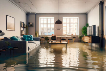 Flooded apartment with a lot of water on the floor. Created with Generative AI technology.
