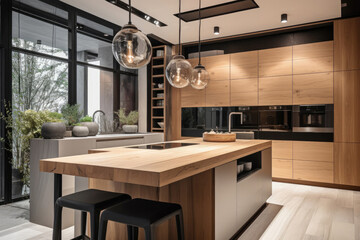 Kitchen island in modern luxurious kitchen interior. Created with Generative AI technology. - obrazy, fototapety, plakaty