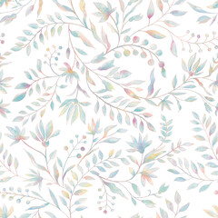 Digital painted multicolor allover seamless floral creepers and foliage on a white background