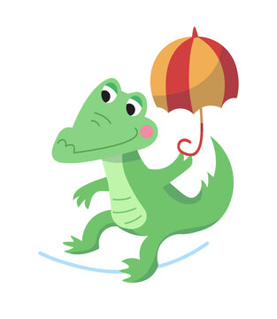 Cute crocodile with umbrella in circus on rope. Cartoon style illustration. Isolated character for design on white background. Vector illustration.