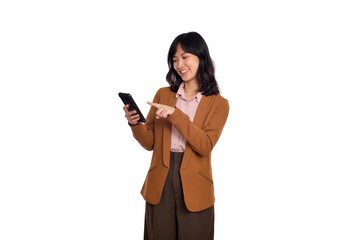 Happy young business asian woman holding a smartphone isolated on white background
