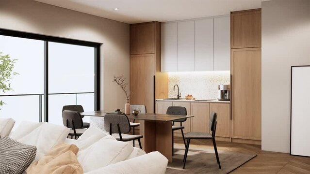 Modern apartment room interior design and decoration with built in wooden kitchen counter and cabinets, dining table and chairs. 3d rendering rooom with balcony.