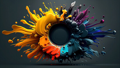 abstract splashed paint combinations that form a spin, banner and desktop background color. AI generated