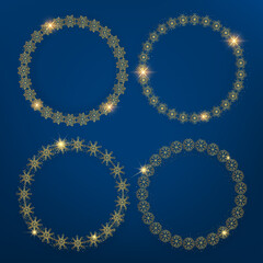 Gold Snowflake circle frame. Winter snowflake round border.