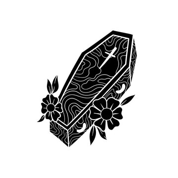 recommend clip art: Hand drawn illustration of traditional coffin tattoo silhouette