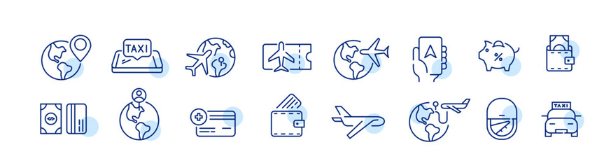 Travel, vacation and plane trip. Destination, save, payment methods etc. Pixel perfect, editable stroke line icons set