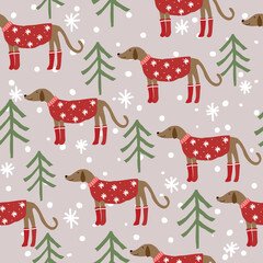 Christmas seamless pattern with dog wearing christmas clothes and abstract christmas tree on brown background. Use for wallpaper, textile and print.
