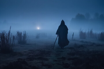 death in black cloak in hood at night in fog in the field. Generative AI illustration