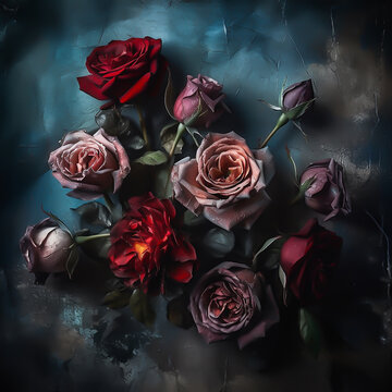 - blue and red roses on an old canva  generative ai