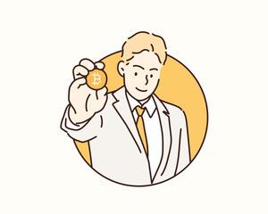  businessman show gold coin, bit coin, BTC, new currency system concept. Hand drawn style vector design illustrations.