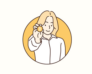  businesswoman show gold coin, bit coin, BTC, new currency system concept. Hand drawn style vector design illustrations.
