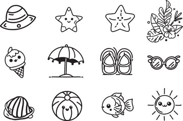 Set of Beach Vector illustrations line art