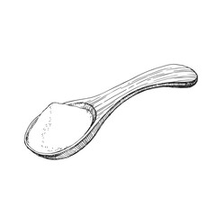 Vector hand-drawn illustration of a wooden spoon with flour. Sketch of a scoop with white bulk ingredient.