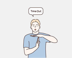 man upset showing a timeout gesture, needs stop, asks time for rest after hard work, demonstrates break hand sign. Hand drawn style vector design illustrations.