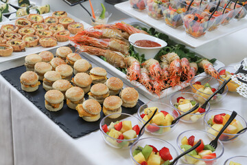 close-up of a buffet with appetizers - top view