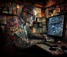 man making a figure out of images, in the style of electronic media, pixelated chaos, piles/stacks, webcam, precise hyperrealism, social media icons, 