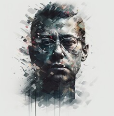 avatar digital artwork printed on a black and white background, pixelated portraits, 