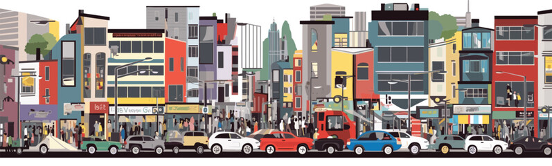 Busy street of buildings background vector illustration