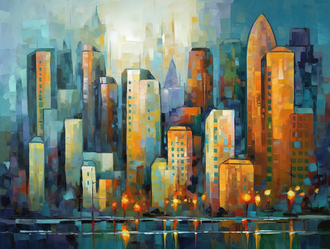 Oil painting of an abstract whimsical cityscape with skyscrapers. AI generative illustration.