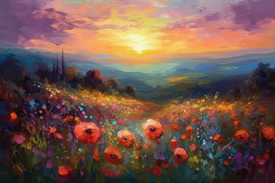 Oil painting meadow landscape at sunset. Field with poppies, dandelions and daisies. Impressionist style. AI generative illustration.