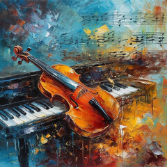Musical background in abstract impressionist oil painting style. AI generative illustration. - obrazy, fototapety, plakaty