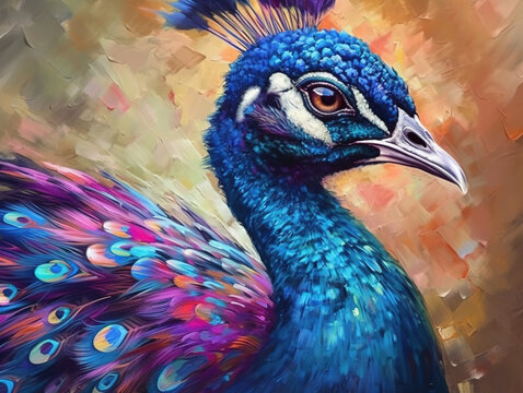 Artistic oil painting of a beautiful peacock. Close-up. AI generative illustration.