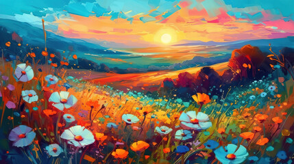 Obraz na płótnie Canvas Landscape of a meadow at sunset with wildflowers and a beautiful sky. Oil painting in the impressionistic style. AI generative illustration.