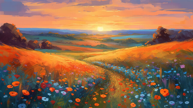 Landscape of a meadow at sunset with wildflowers and a beautiful sky. Oil painting in the impressionistic style. AI generative illustration.