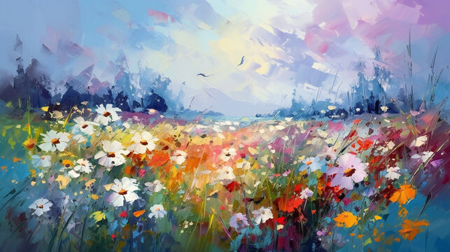 Abstract art oil painting of field flowers. Impressionist style. AI generative image.