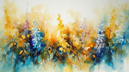 Beautiful spring flowers Wisteria. Abstract flowers watercolor painting. AI generative illustration.