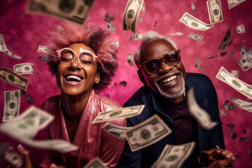 Portrait of happy couple with a lot of money. Generative ai 
