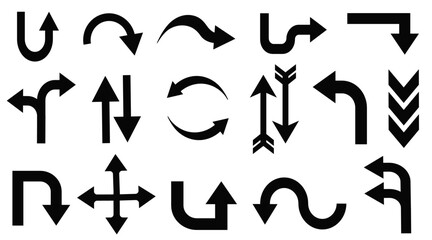 Vector arrow set collection design. Arrows icon, and black flat arrows and pointers isolated on white background. Bended arrow, turning, zig zag, crossroads