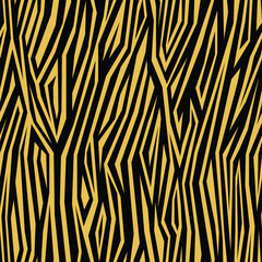 Seamless abstract striped pattern in camouflage style. Yellow stripes on black background. Modern zebra motif. Decorative vector illustration for textile, packaging, and artistic projects.