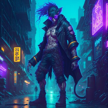 Monkey, Full Body Shot, Character Sheet, Lightning Wave, 3d, Glowing Neon, Street Wear Outfit, Neon City