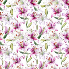 Seamless pattern with many lilies on white background in watercolor style. Generative AI.