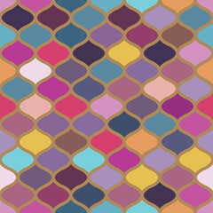 Fototapeta premium Abstract geometric seamless pattern with multicolored drop-shaped elements. Curvilinear motif in islamic style. Great as a background or texture for your decorative projects.