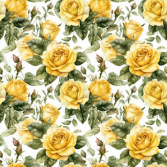 Seamless pattern with many yellow roses in watercolor style. Generative AI.