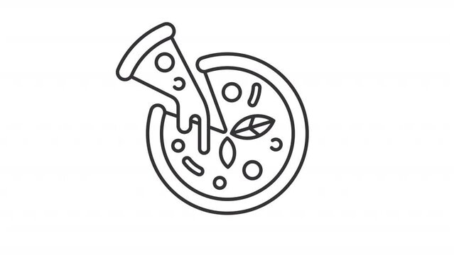Animated circle pizza line icon. Ingredients appear on margherita animation. Lifted slice. Italian meal. Cheese dish. Loop HD video with alpha channel, transparent background. Outline motion graphic