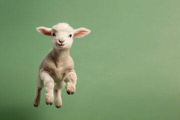 A potrait of cute animal little lamb jump with large empty background. generative ai