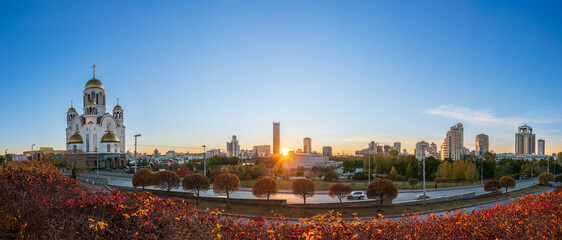 Temple in autumn in beautiful orange sunset light. Temple on Blood, Yekaterinburg, Russia