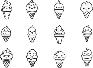 ice cream cute line art vector set