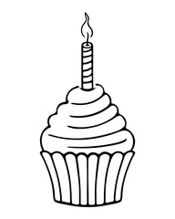 Festive cake in a mold. Sketch. Cupcake decoration from a twisted candle. Vector illustration. Burning candle flame. Coloring book. Dessert for a birthday. Doodle style. Outline on isolated background