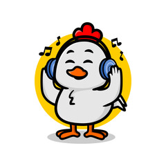 cute chicken listening music mascot illustration. kawaii animal vector illustration.