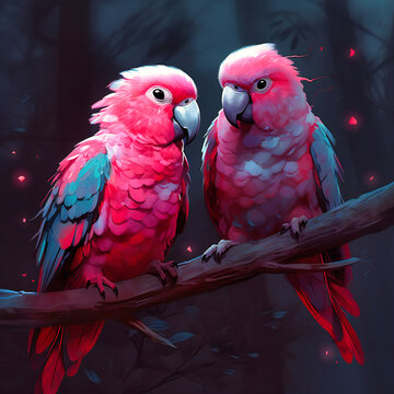a pair of pink parrots sitting on a branch in the dark