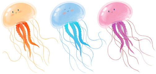 Jellyfish clip art set isolated on white background. Cute colorful children illustration