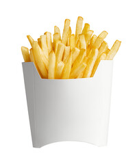 Front view of french fries in a white paper box