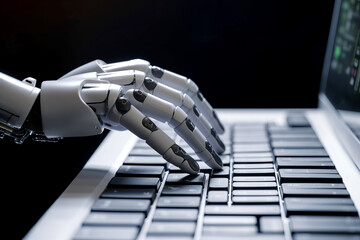 Close up of a robotic artificial intelligence hand typing on a computer. Generative ai Generative AI