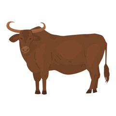 Wild steppe bull with big horns. Aggressive posture. Dangerous animal. Cattle. Big animal safari. Vector illustration. Isolated object on white background.